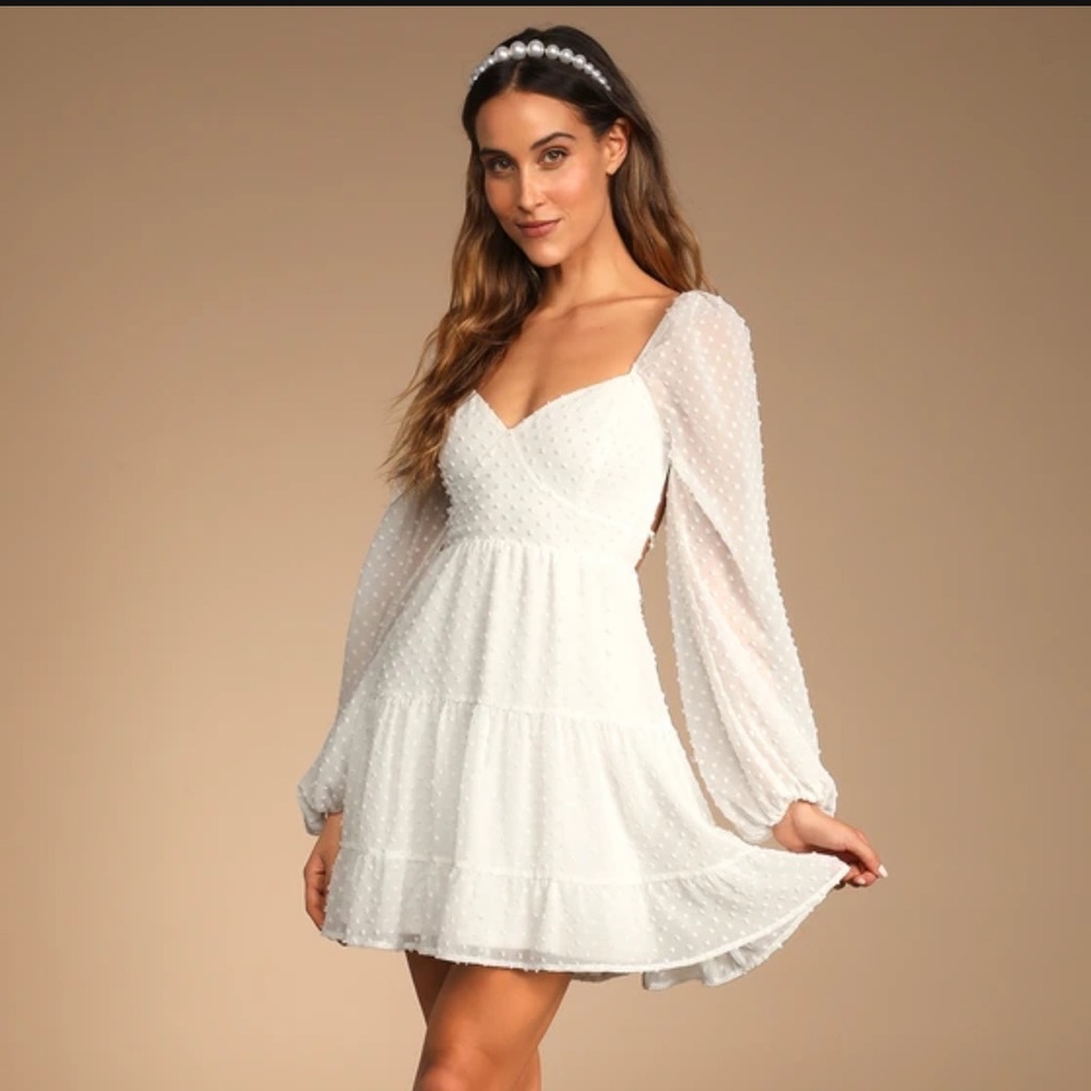 Lulus Longing And Love White Swiss Dot Puff Long Sleeve Mini Dress size medium